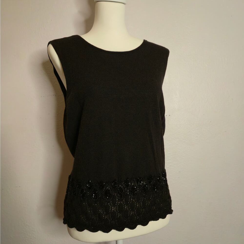 Vintage Black Beaded Crochet Sleeveless Knit Tank Size L Elegant Evening Party